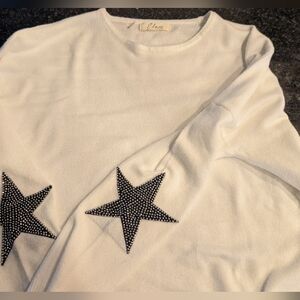 White Elan Sweater with Crystal Star Detail Size 0/S